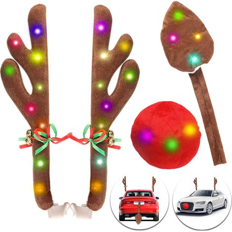 Kit de decoración navideña para coche con diseño de reno, luces LED de 3 modos, nariz y cola de madera con cascabeles, clip y cable para coche y camión. (1/5)
