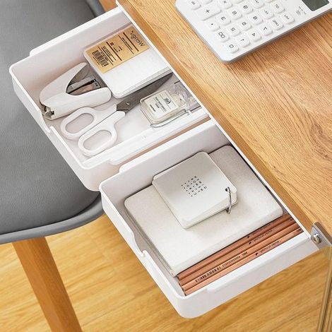 Mini boîtes de rangement adhésives pour tiroirs, idéales pour les tiroirs de bureau dissimulés, blanches - Lot de 2 (1/2)