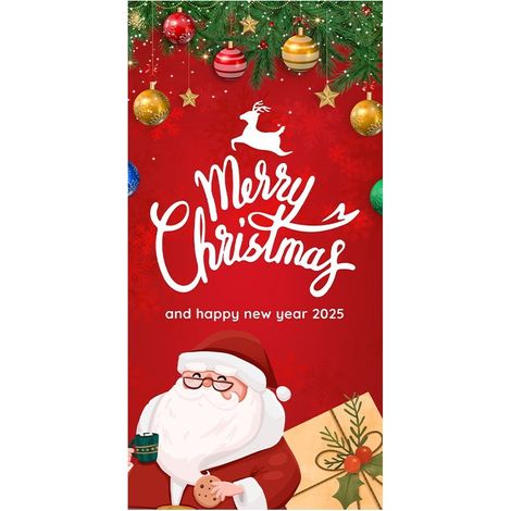 Nouvelle décoration de porte de Noël, motif Père Noël pour jardin, cour ou extérieur - 90 x 180 cm (perforée + ruban) - 48