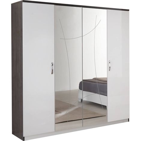 LUCIA - Armoire 4 Portes Laqué Blanc et Chêne Anthracite (1/3)