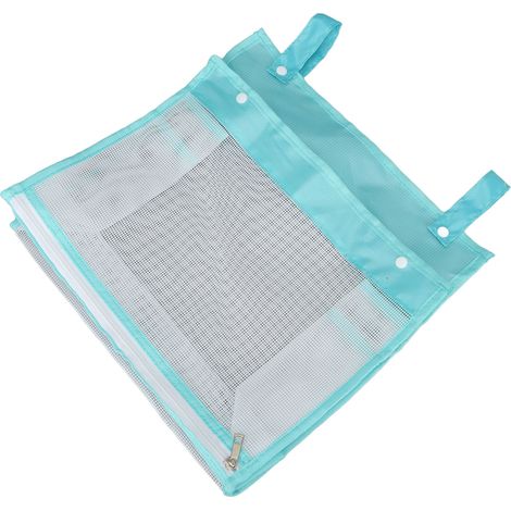 Organisateur de jouets de bain pour bébé en tissu filet, grande capacité, sac de rangement avec fermeture à pression et à glissière, bleu. (1/5)