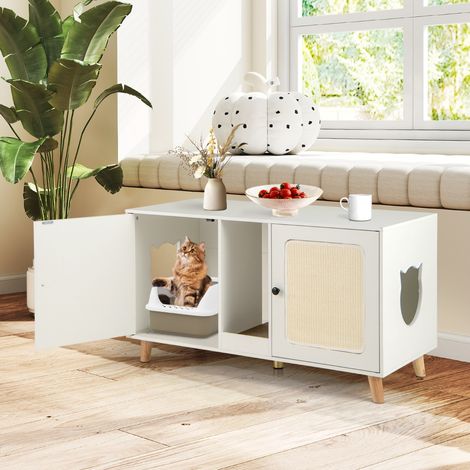 Meuble de 108cm pour Bac à Litière de Chat Double Compartiments 2 Griffoirs en Sisal Planche à Gratter Table d'appoint en Bois Blanc (1/2)
