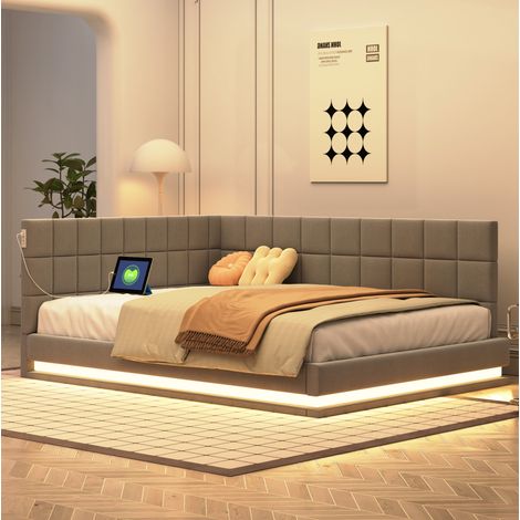 Lit 140x200 avec LED USB et sommier en lin gris OKMYHOME (1/5)