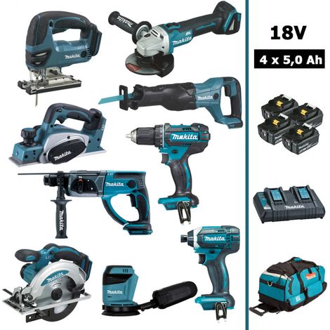Pack Makita 9 machines 18V 5Ah: DDF482 + DTD152 + DGA504 + DHR202 + DJR186 + DJV180 + DSS610 +DBO180+DKP180+4 batteries+sac (1/5)