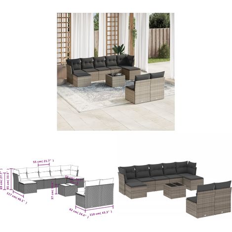 10-tlg. Garten-Sofagarnitur mit Kissen Grau Poly Rattan - Gartenmöbel - Gartensorte - Lounge Set - Rattan Möbel - Outdoor Sofa - Home & Living (1/3)