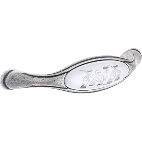 Poignée de meuble vintage en zamak finition nickel argent étain porcelaine céramique motif fleur entraxe 128 mm avec vis Tiroir Armoire Réparation (1/3)