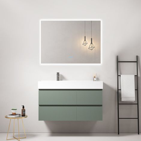 Mobile bagno sospeso cannettato 100 cm Verde Salvia Lavabo a Sinistra in Resina Specchio Quadro Retroilluminato - Fiji Paint (1/4)