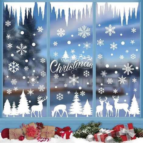 Autocollant Noël Fenêtre, Decoration Noel Interieur Maison Stickers Sapin de Noel Fenetre Amovible pour Magasin Vitre Vitrine Porte, Grand Blanc Autocollants Hiver Flocon Neige Sticker (1/5)
