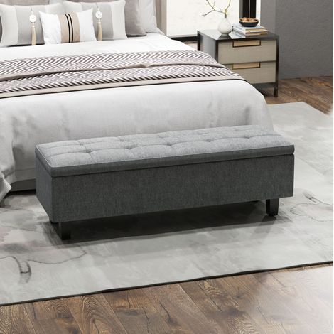 Banc coffre capitonné effet lin, pieds en bois, gris foncé, 138 x 40 x 45 cm (1/5)