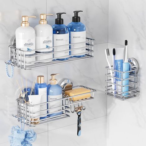 Lot de 3 étagères pour intérieur avec crochets et porte-savon, porte-brosse à dents, organisateur de salle de bain amovible, couleur noir anti-rouille (1/5)