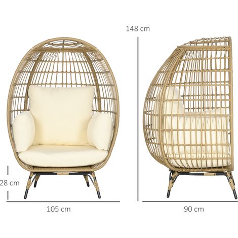 Fauteuil en rotin, forme panier avec coussin d'assise, chaise de jardin surélevée pour balcon ou terrasse, métal, kaki, 105 x 97 x 150 cm