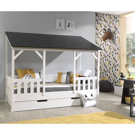 Kinder-Hausbett ALEXANDRIA-12 mit 90 x 200 cm Liegefläche und Bettschublade, Korpus weiß lackiert, Dach in schwarz - B/H/T: 214,2/174/105,3cm (1/5)