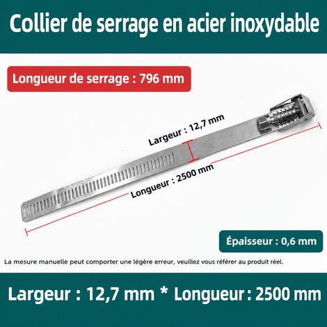 Collier de serrage déverrouillable en acier inoxydable 304 2500 × 12,7 × 0,6 mm 2500 796mm 2 × 2 × 2 cm 160 g – Livraison gratuite