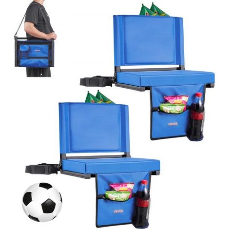 Stadionsitz klappbarer Tribünenstuhl mit Rückenlehne, gepolsterter Tribünensitz mit Schultergurt & Getränkehalter & Haken & Seitentasche, Stadionstuhl (431,8 mm breit) Blau 2 Stk.