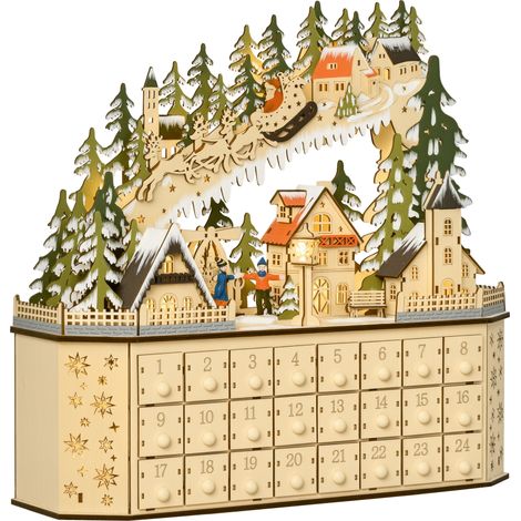 HOMCOM Adventskalender zum Befüllen 24 Schubladen Fächer Weihnachtskalender mit LED-Lichtern Adventskalenderbox Weihnachtsdekoration DIY MDF-Platte Naturholz 45 x 13 x 43 cm (1/5)