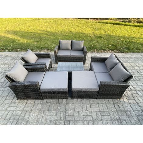 Fimous Outdoor Rattan Garden Furniture Set 8 Seater Patio Lounge Sofa Set with Coffee Table 2 Big Footstool Dark Grey Mixed (1/5)