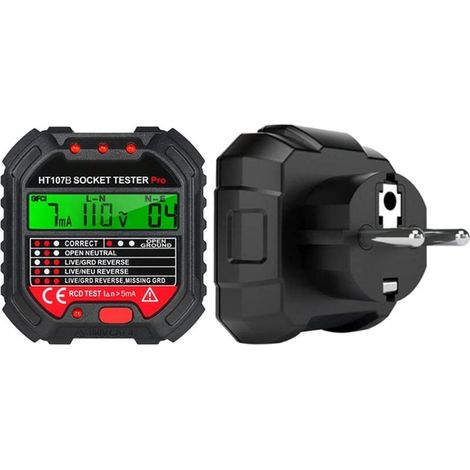 Testeur de prises avec test RCD et affichage de tension, 6 diagnostics de défaut, affichage de la tension et du courant de fuite, 48-250V,CAT II 300 (réglementation UE HT107D) (1/5)