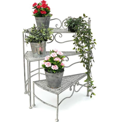 DanDiBo Blumentreppe Innen Metall Weiß Grau 55 cm Blumenständer mit 3 Ablagen 96125 Blumenständer Blumensäule Pflanzenständer Balkon Vintage