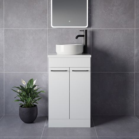 Napoli 390 Gloss White 500mm 2 Door Vanity Unit for Countertop Basins - 500mm - Matt Black 160mm Handle