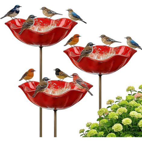 Abreuvoir pour oiseaux sur piquet - Lot de 3 - Bain d'oiseaux - Abreuvoir pour oiseaux de jardin - Convient pour les massifs de fleurs, les allées et les terrasses - 60 cm - Rouge (1/5)