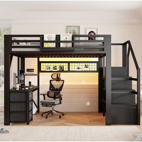 Cama alta infantil 140x200 cm de metal negro con escritorio, sin colchón (1/5)