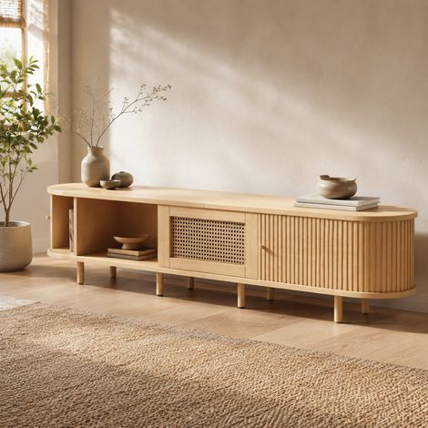 Mueble TV de 180 x 40 x 40 cm en MDF con cajón y puertas correderas, madera natural DESVIAE (1/5)