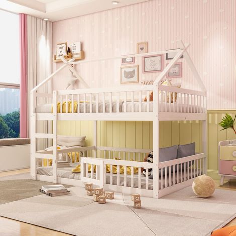 Lit superposé enfant en bois blanc 140x200 cm avec escalier intégré et barrières de sécurité (1/5)