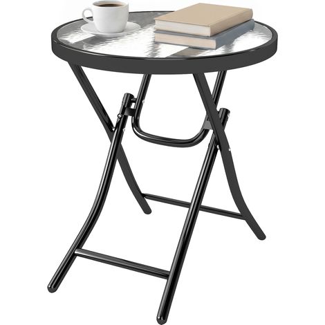 Table basse de jardin bistro ronde Ø 45 x 50 cm pliable - Table en métal noir avec plateau en verre trempé (1/5)