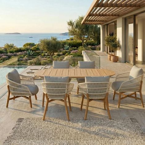 Table de jardin en teck + 6 fauteuils cordage VASCA