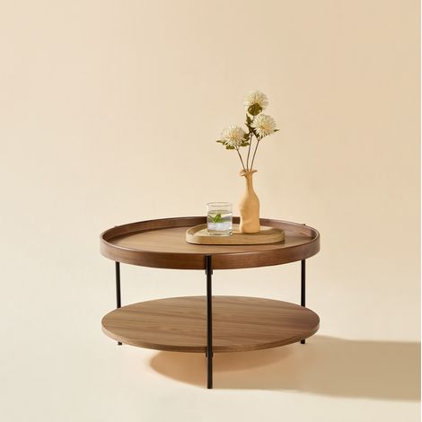 Tavolino da caffè rotondo a 2 livelli in legno e metallo, colore noce, 69 x 69 x 38 cm (1/5)
