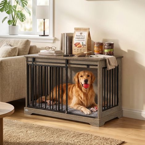 Cage pour Chien en Bois et Acier avec Porte Coulissante, Table d'Appoint, Niche Moderne, 100x60x68cm, Gris-Marron Clair (1/5)