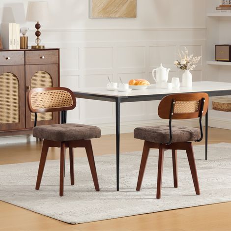 Set de 2 chaises pivotantes 360°, chaises cuisine style mid-century moderne, dossier tressé et assise rembourrée, pour salle à manger et chambre, marron, chenille (1/5)