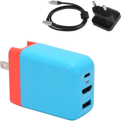 Chargeur USB-C 65W GaN pliable 3 ports, interface multimédia HD 4K 60Hz, prise UE 100-240V, rouge et bleu, pour Switch, moniteur, TV, projecteur (1/5)