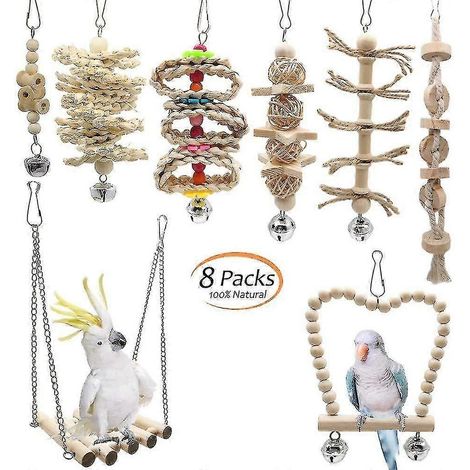 Ensemble de 8 balançoires en bois à mâcher pour oiseaux (perroquets, perruches, calopsittes, canaris) (1/5)