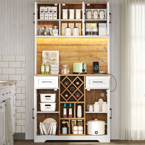 Armario Alto de Cocina con 2 Cajones, Botellero Extraíble, LED RGB y Enchufes, MDF, Natural y Blanco, 105×40×180 cm (1/5)