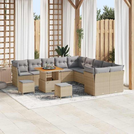 Gartensofa-set mit Kissen 13 pcs Beige und Hellgrau Poly-Rattan (1/5)