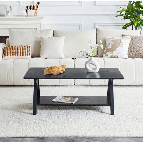 Mesa de centro de MDF negro efecto madera y metal, 110 cm, con estante de almacenaje (1/5)