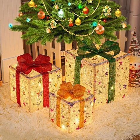 Set mit 3 LED-beleuchteten Weihnachtsgeschenkboxen – 8 Beleuchtungsmodi mit Fernbedienung – Dekoration für drinnen und draußen – warmweißes LED-Licht – batteriebetrieben (1/5)