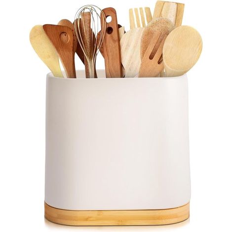 Longziming - Porte-ustensiles de cuisine en céramique - Organisateur de couverts en bambou - Pot multifonctionnel - Design compact - Fond antidérapant - Céramique et bambou - Noir minimaliste - Usage (1/5)