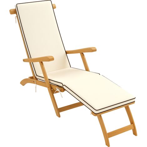 Klappbare Sonnenliege mit Akazienholzkissen und Fußstütze, 160 kg, 155 x 54 x 86 cm, weiß