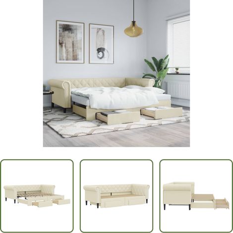 vidaXL Sofa-Bett - Tagesbett Ausziehbar mit Schubladen Creme 90x200 cm Kunstleder (1/5)