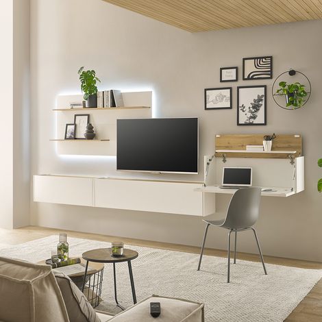 Wohnwand weiß mit Eiche CRISP-61 modern 4-teilig mit Homeoffice-Lösung (1/5)