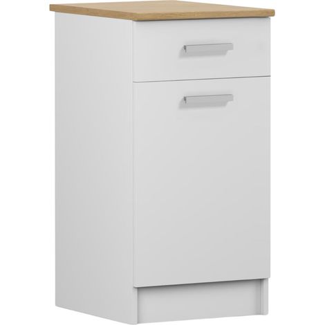 Meuble De Cuisine - Blanc Mat - 40 X 49 Cm - Plateau En Chêne - Avec Étagère (1/5)