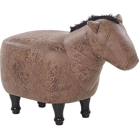 Pouf per Bambini in Tessuto Effetto Pelle Marrone Scuro Gambe in Legno Horse
