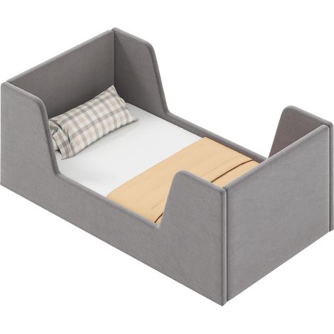COSTWAY Kids Bed Frame Gray Soft Velvet Floor Bed 151x78.5cm with Safety Rails