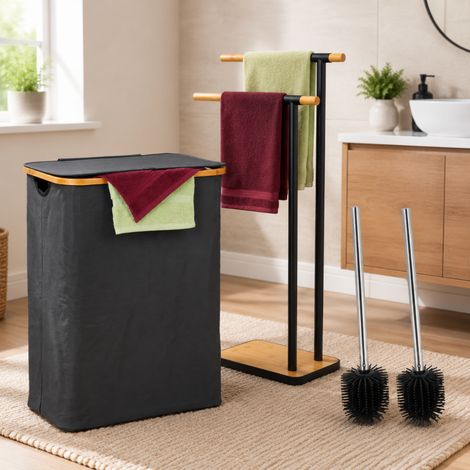 Compact Bathroom Refresh Set (3-Piece) – Silicone Toilet Brush, Towel Rack & 105L Laundry Basket (1/5)