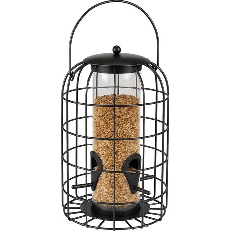 Mangeoire Oiseaux extérieur – Noir – für Getreide – Metall und Polycarbonat – 4 Sitzstangen – Schutzsilo (1/4)