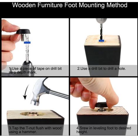 16 piezas de patas ajustables para muebles,Protección ajustable para suelos,M6 x 10 x 20 mm,Pie ajustable,Negro/Plata,Plástico,Acero inoxidable (1/4)