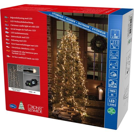 Guirlande lumineuse micro-LED compactes voile pour sapin avec anneau, 6 cordons de 180 diodes, minuterie 8H, 1080 diodes blanc chaud, Transformateur extérieur 30V, Câble noir - 6651-100 (1/5)
