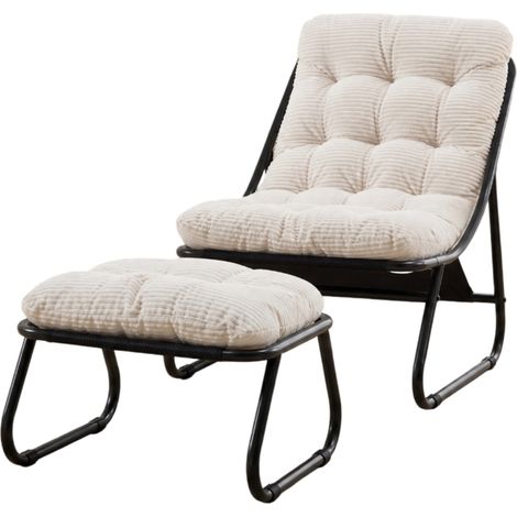 Sedia lounge da esterno con pouf in acciaio nero e cuscino bianco (1/5)